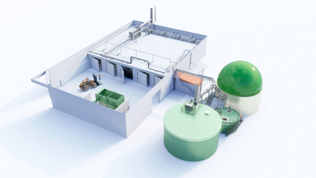 Serbatoi cilindrici di un impianto a biogas in un'area agricola con cielo sereno